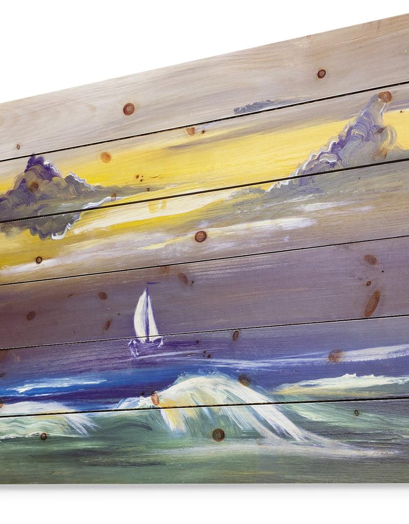Designq Sailing Yacht In Storm - Sea & Shore Painting Print On Natural Pine Wood