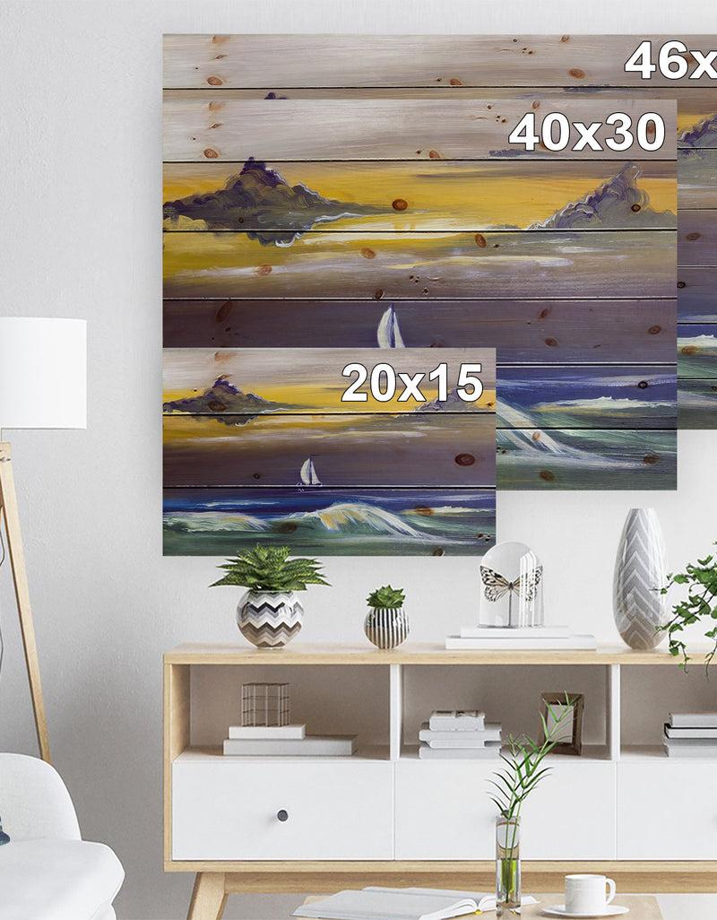 Designq Sailing Yacht In Storm - Sea & Shore Painting Print On Natural Pine Wood