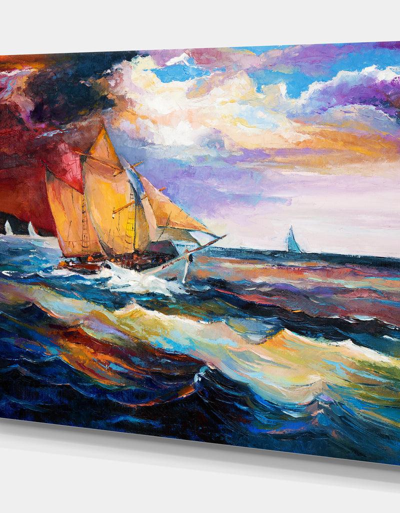 Designq Sailship In Sea Waves - Nautical Painting Print On Wrapped Canvas