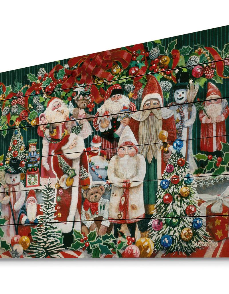 Designq Santa Claus Family With Christmas Bear And Presents - Print On Natural Pine Wood