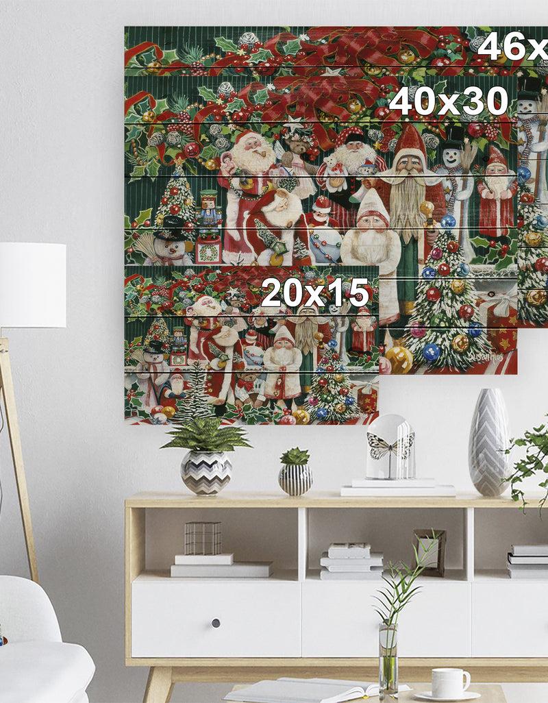 Designq Santa Claus Family With Christmas Bear And Presents - Print On Natural Pine Wood