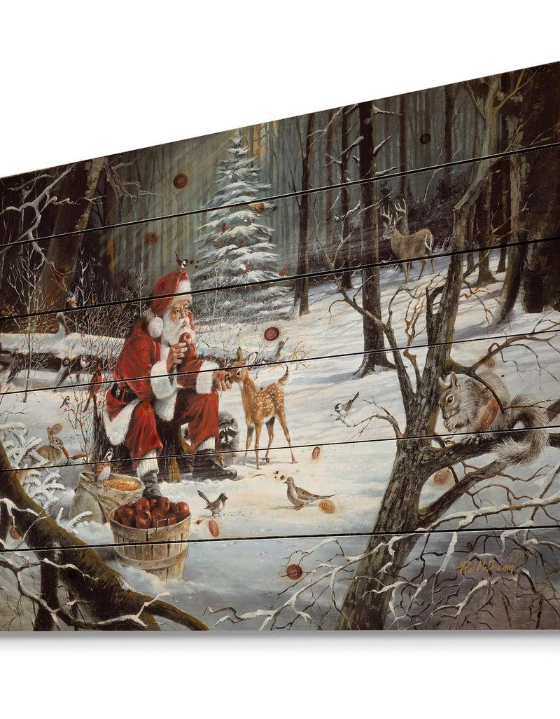 Designq Santa Claus With Deer In Snowy Woods - Print On Natural Pine Wood