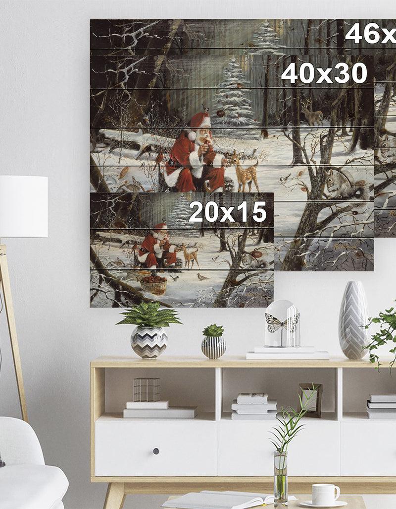 Designq Santa Claus With Deer In Snowy Woods - Print On Natural Pine Wood