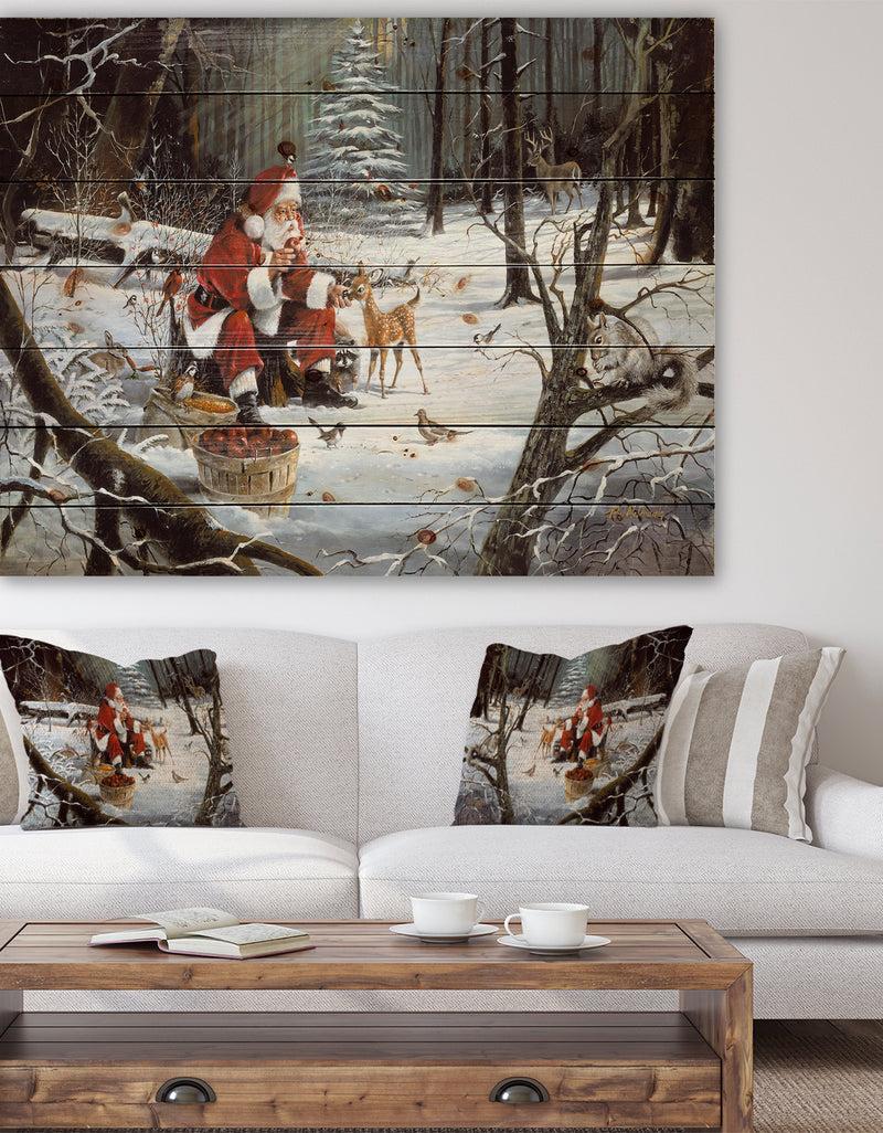 designq Santa Claus with deer in snowy woods - Print on Natural Pine Wood