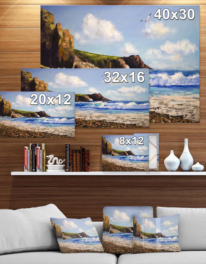 Designq Seagull In Sea Landscape View - Landscapes Painting Print On Wrapped Canvas