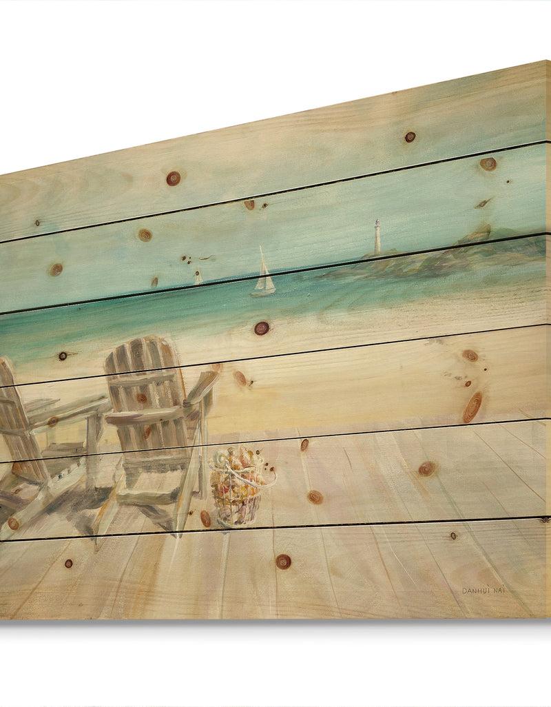 Designq Seaside Morning No Window - Coastal Print On Natural Pine Wood