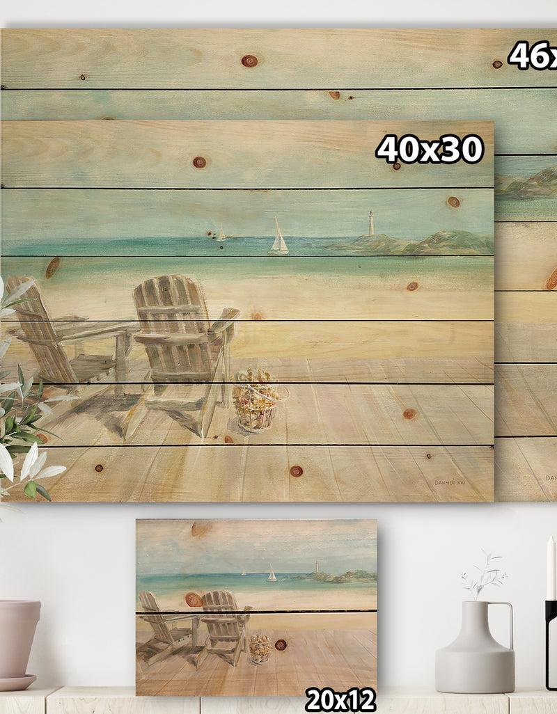 Designq Seaside Morning No Window - Coastal Print On Natural Pine Wood