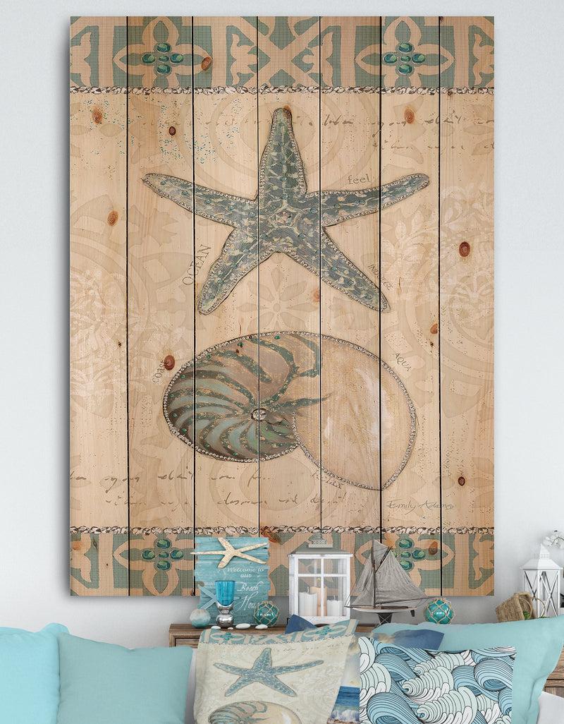 designq Seastar and Blue Sea Shell I - Nautical & Coastal Print on Natural Pine Wood