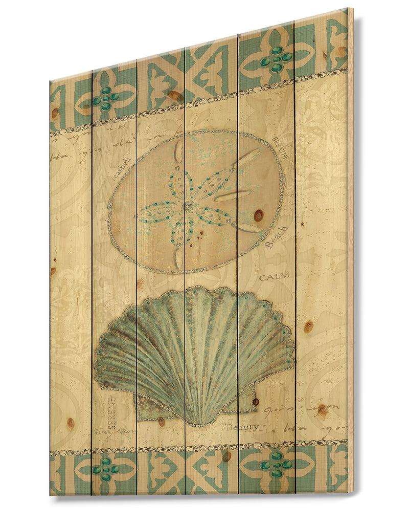 Designq Seastar And Blue Sea Shell II - Nautical & Coastal Print On Natural Pine Wood