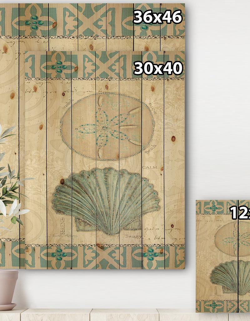 Designq Seastar And Blue Sea Shell II - Nautical & Coastal Print On Natural Pine Wood