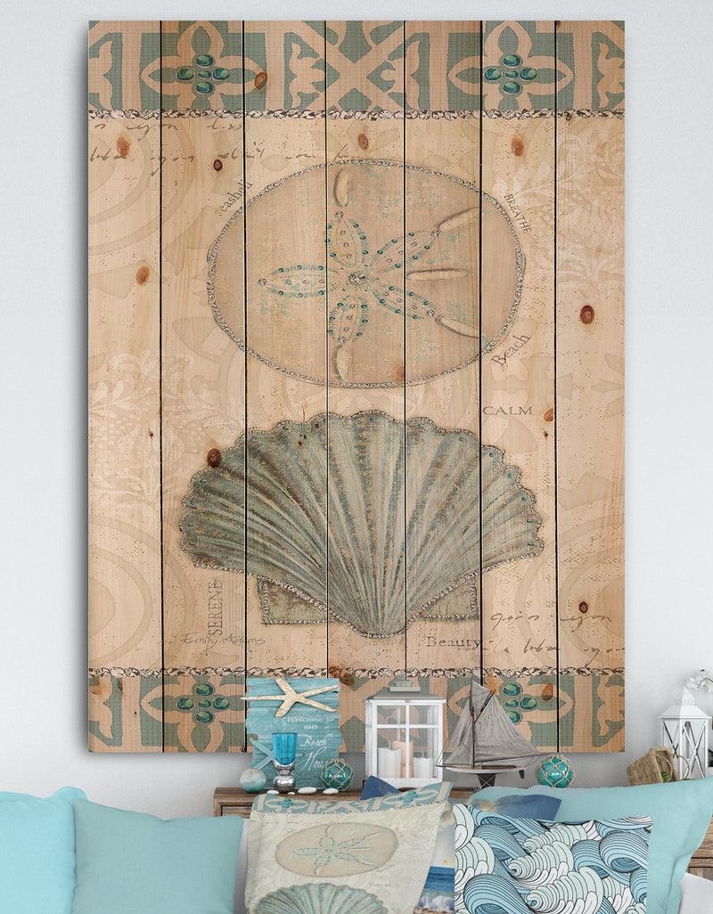 designq Seastar and Blue Sea Shell II - Nautical & Coastal Print on Natural Pine Wood