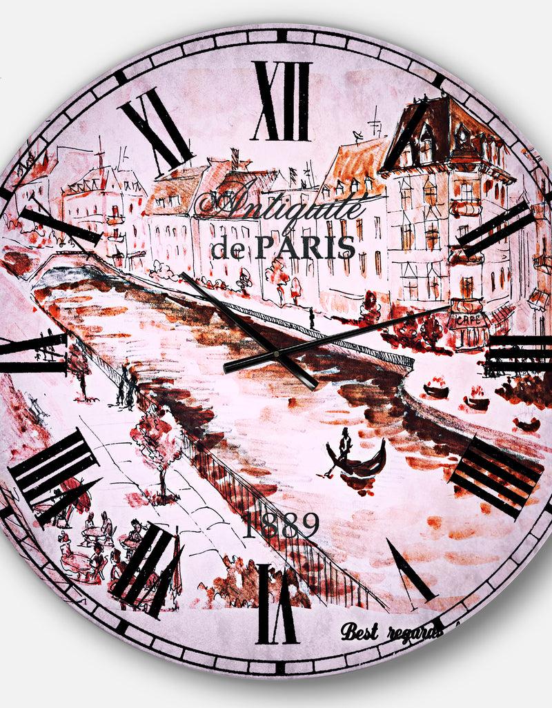 Designq Sepia Hand Drawn Sketch Of Paris - Cityscape Large Wall CLock