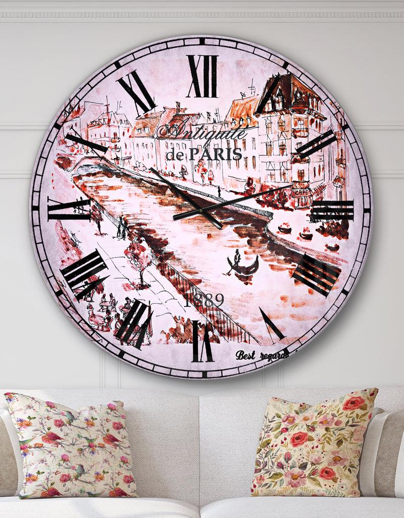 designq Sepia Hand Drawn Sketch of Paris - Cityscape Large Wall CLock