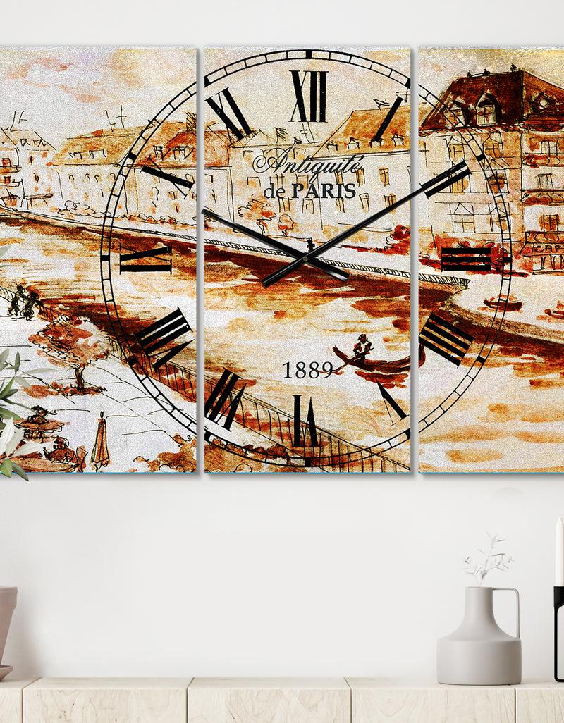 designq Sepia Hand Drawn Sketch of Paris - Cottage 3 Panels Oversized Wall CLock