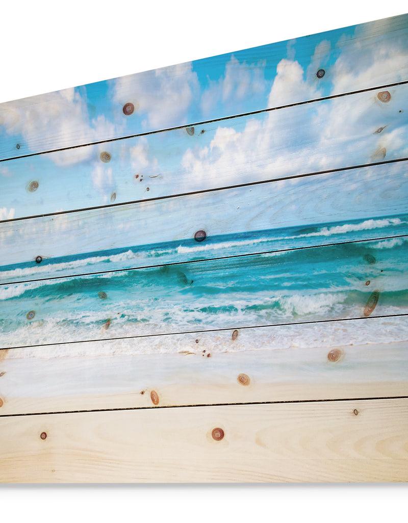 Designq Serene Blue Tropical Beach - Seashore Print On Natural Pine Wood