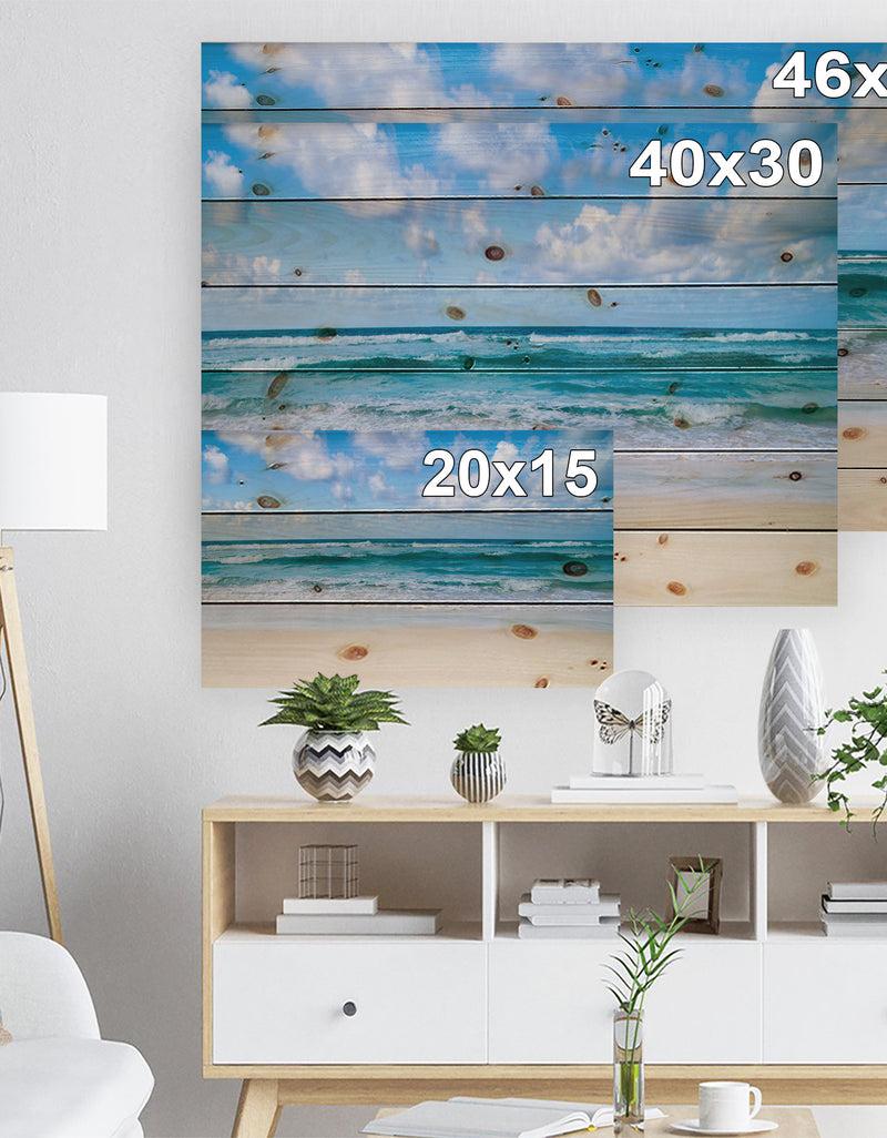 Designq Serene Blue Tropical Beach - Seashore Print On Natural Pine Wood