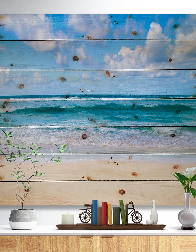 designq Serene Blue Tropical Beach - Seashore Print on Natural Pine Wood
