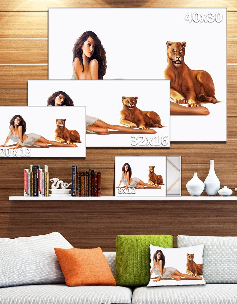 Designq Sexy Woman With Lion - Portrait Digital Art Canvas Print