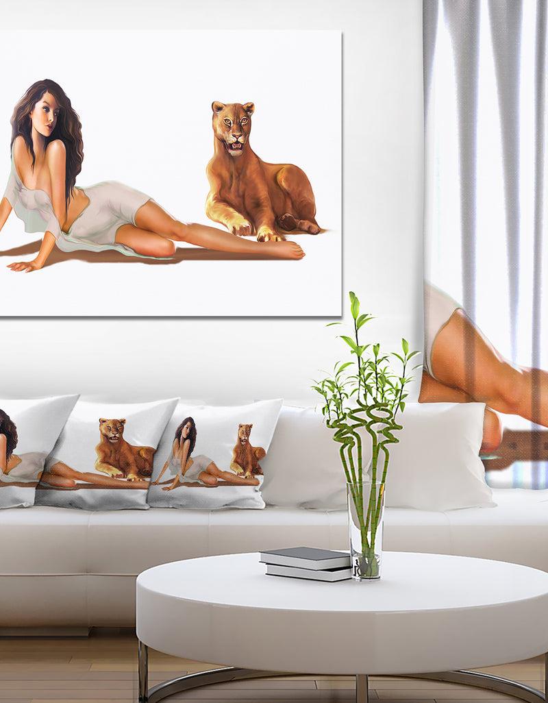 designq Sexy Woman with Lion - Portrait Digital Art Canvas Print