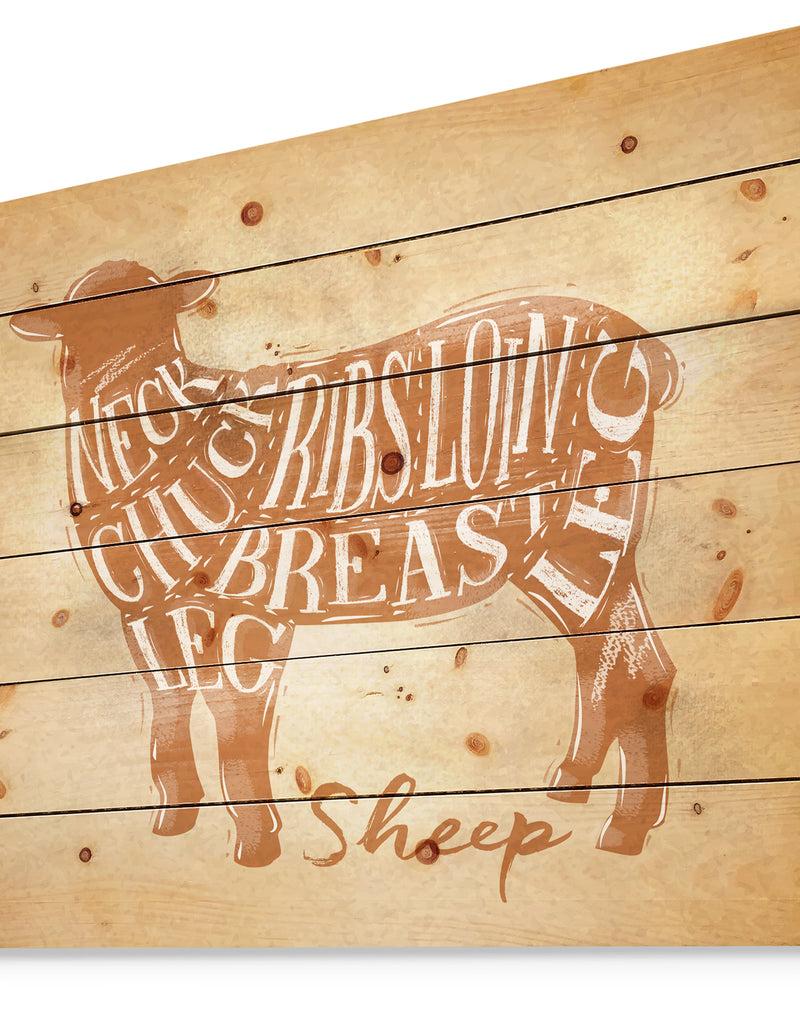 Designq Sheep Lamb Cutting Scheme Craft - Farmhouse Animal Painting Print On Natural Pine Wood