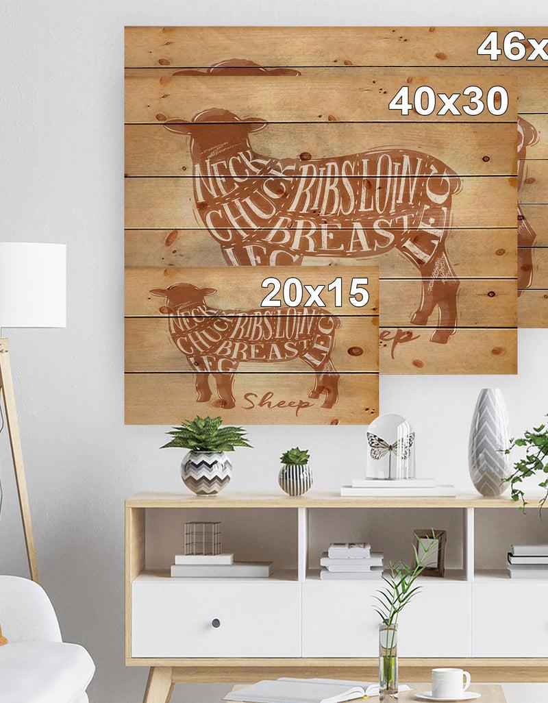 Designq Sheep Lamb Cutting Scheme Craft - Farmhouse Animal Painting Print On Natural Pine Wood