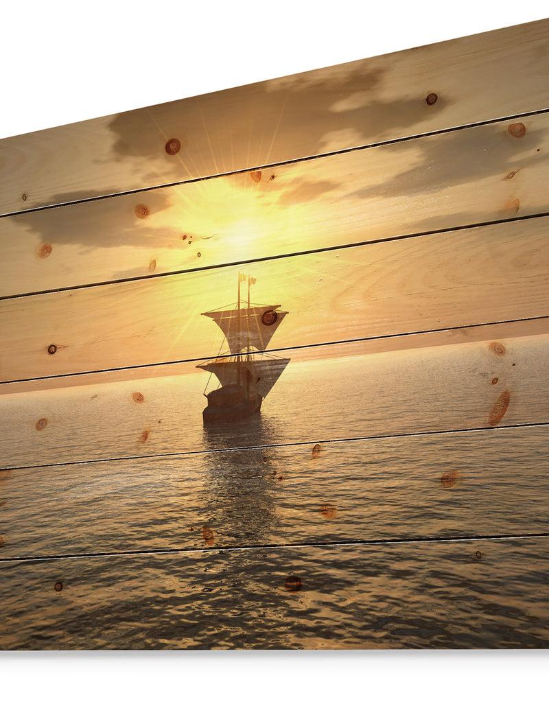 Designq Ship And Sunset - Seascape Photography Print On Natural Pine Wood