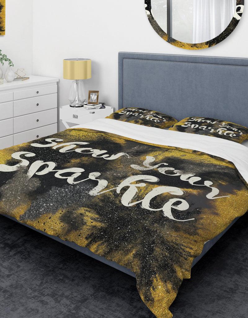 designq Show Your Sparkle Quote Black on Gold - Glam Duvet Cover Set
