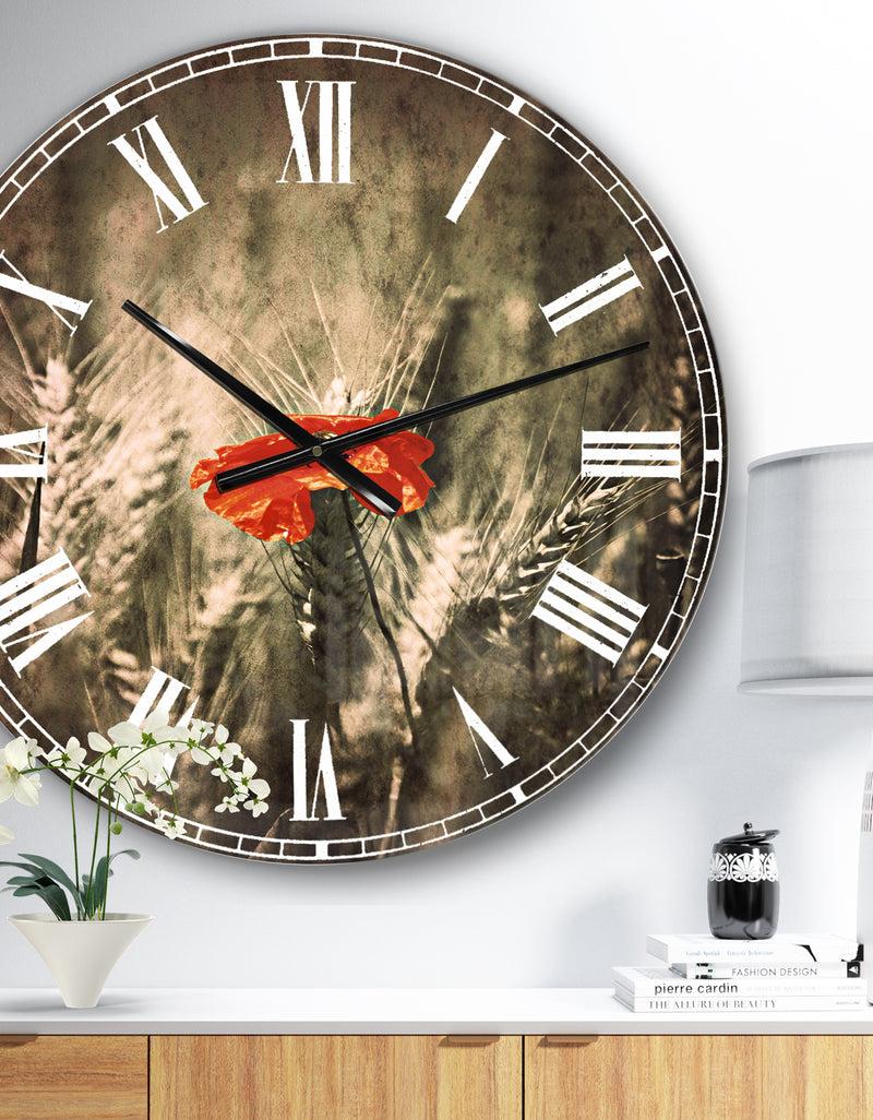 designq Sigle Red Poppies - Farmhouse Floral Wall CLock