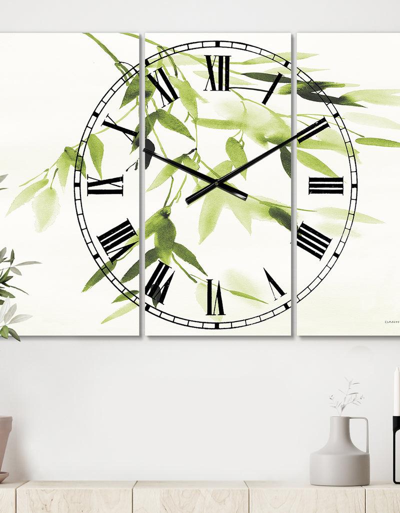 designq Simplist Bamboo Leaves I - Cottage 3 Panels Large Wall CLock