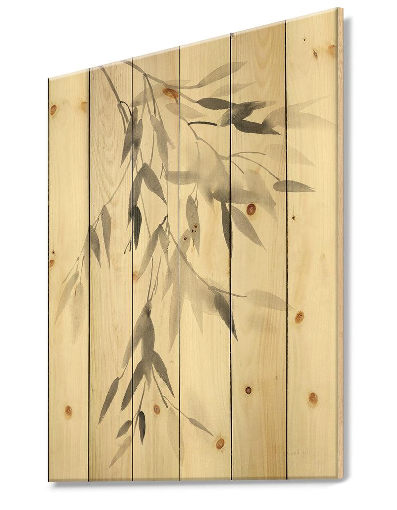 Designq Simplist Bamboo Leaves IV - Cabin & Lodge Print On Natural Pine Wood