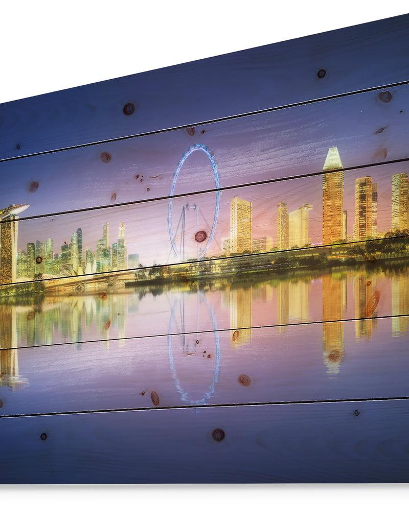 Designq Singapore Skyline And Blue Sky - Cityscape Print On Natural Pine Wood