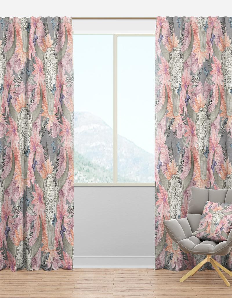 designq Skull Bull in Flowers - Bohemian & Eclectic Curtain Panels