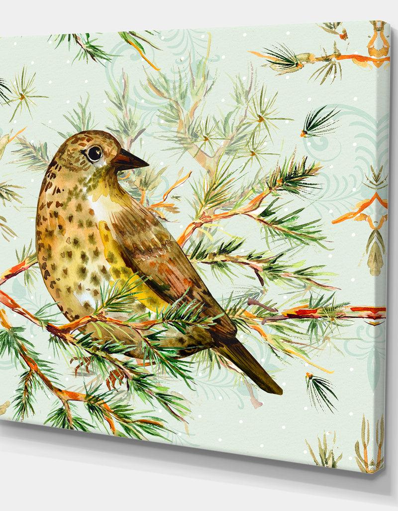 Designq Small Cute Bird On Pine Branch - Animals Canvas Art