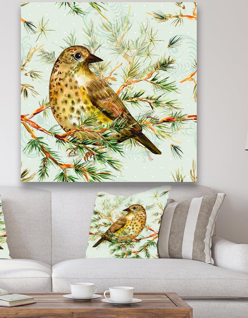 designq Small Cute Bird on Pine Branch - Animals Canvas Art