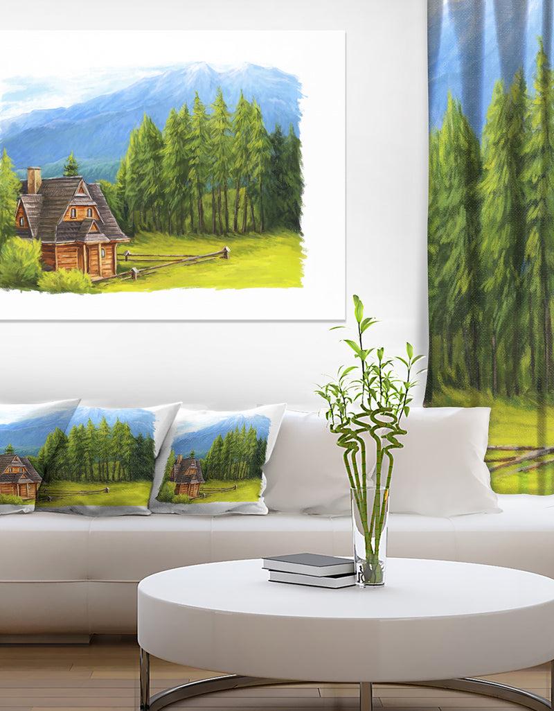 designq Small Wooden Home in Mountains - Landscape Wall Art Canvas Print