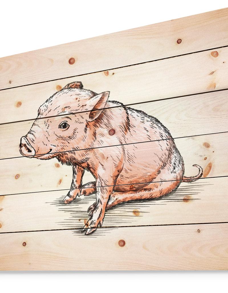 Designq Smiling Pig In Brush Painting - Farmhouse Animal Painting Print On Natural Pine Wood