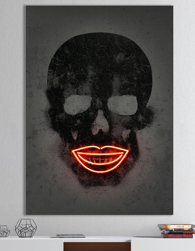 designq Smiling Red Lips Neon Skull - Modern & Contemporary Canvas Artwork