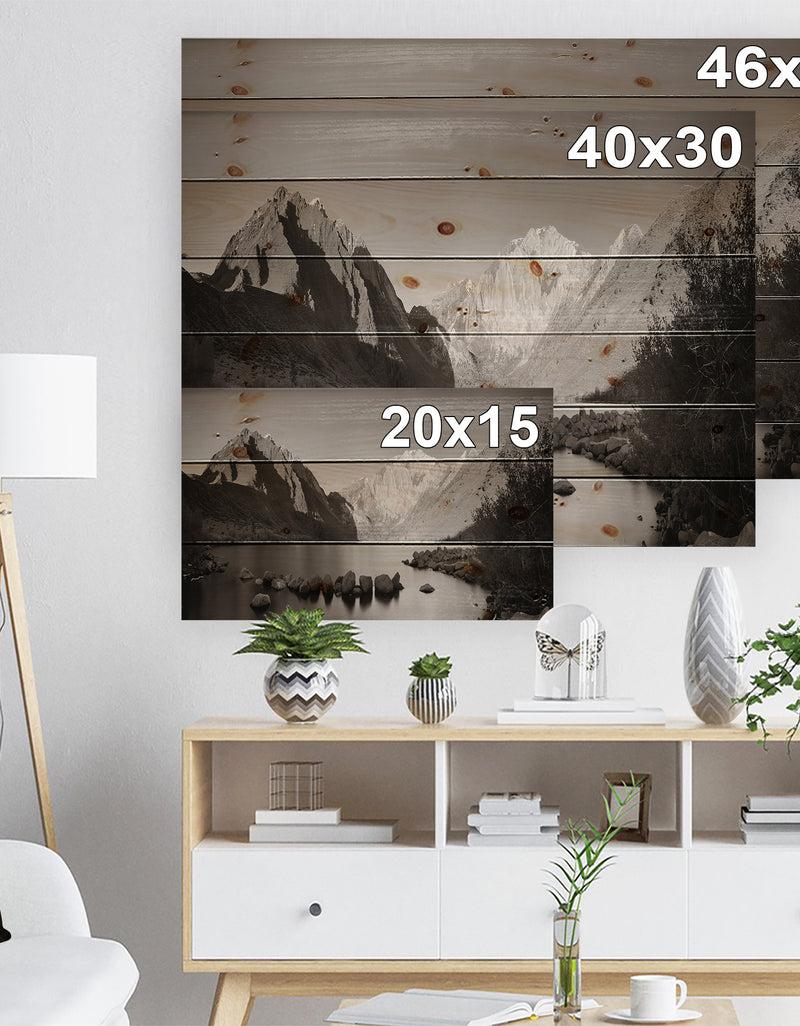Designq Snow Mountain Lake Panorama - Landscape Print On Natural Pine Wood