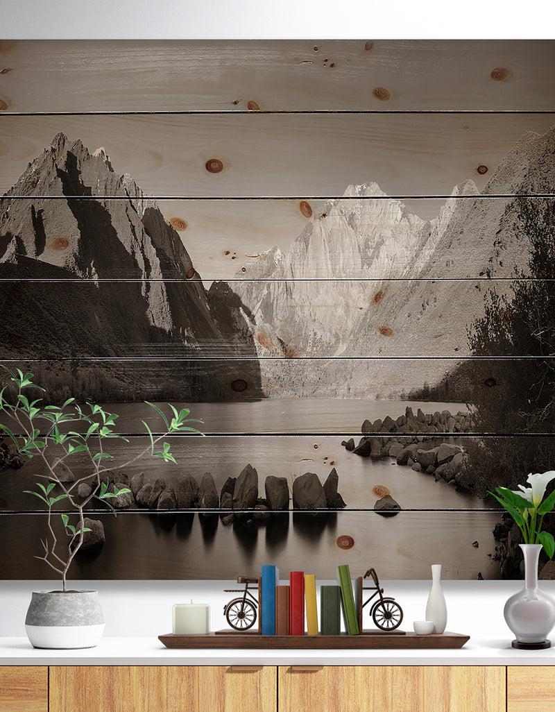 designq Snow Mountain Lake Panorama - Landscape Print on Natural Pine Wood