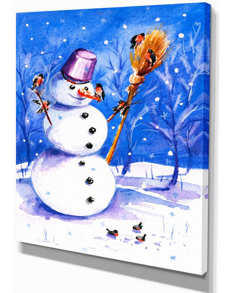 Designq Snowman Playing With Birds - Animals Painting Print On Wrapped Canvas