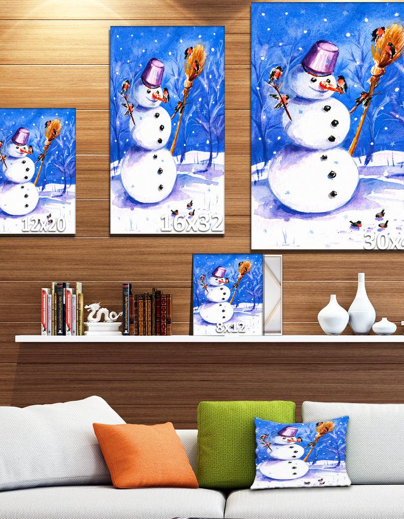 Designq Snowman Playing With Birds - Animals Painting Print On Wrapped Canvas