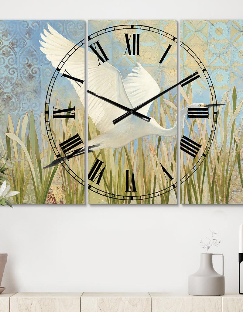 designq Snowy Egret in Flight vII - Cottage 3 Panels Large Wall CLock