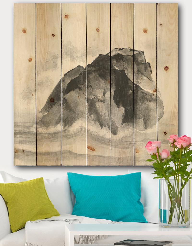 designq Solitary Rock - Lake House Print on Natural Pine Wood