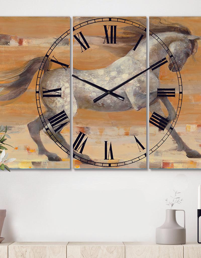 designq southwest Beige Horse - Cottage 3 Panels Oversized Wall CLock