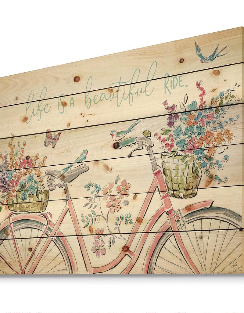 Designq Spring Bike Bouquet - French Country Print On Natural Pine Wood