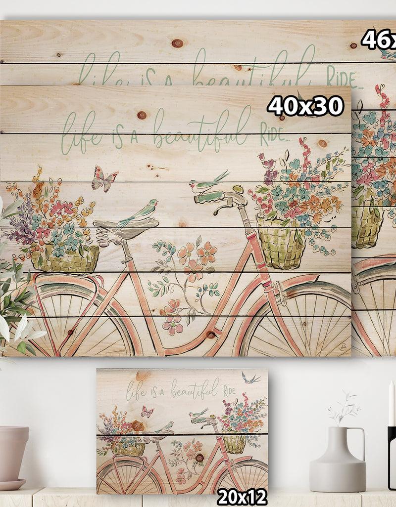 Designq Spring Bike Bouquet - French Country Print On Natural Pine Wood