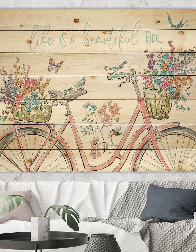 designq Spring Bike Bouquet - French Country Print on Natural Pine Wood