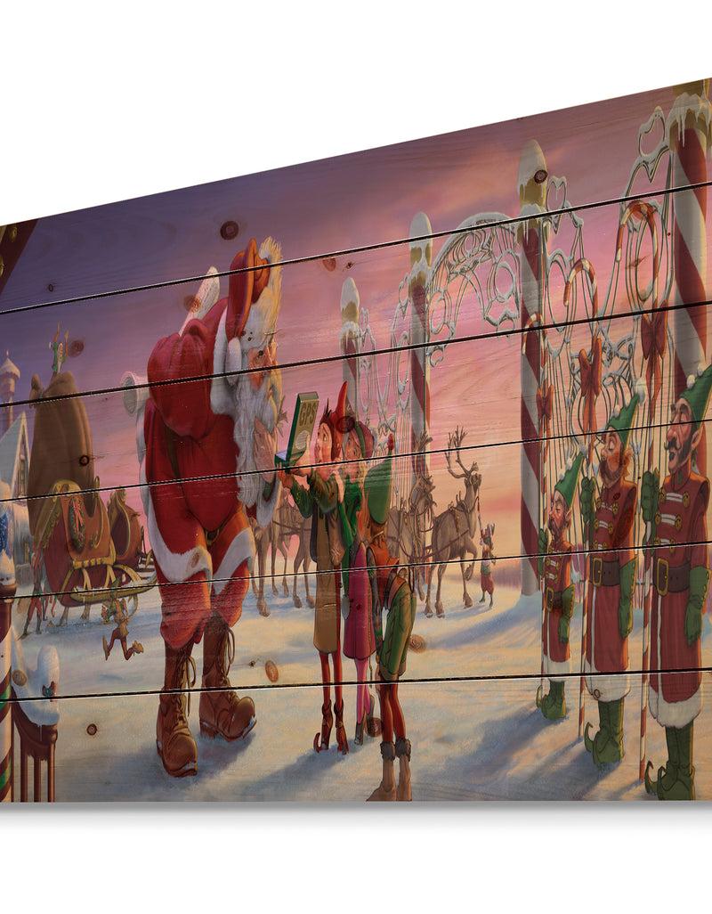 Designq Stanta Claus With Elves On North Pole - Print On Natural Pine Wood