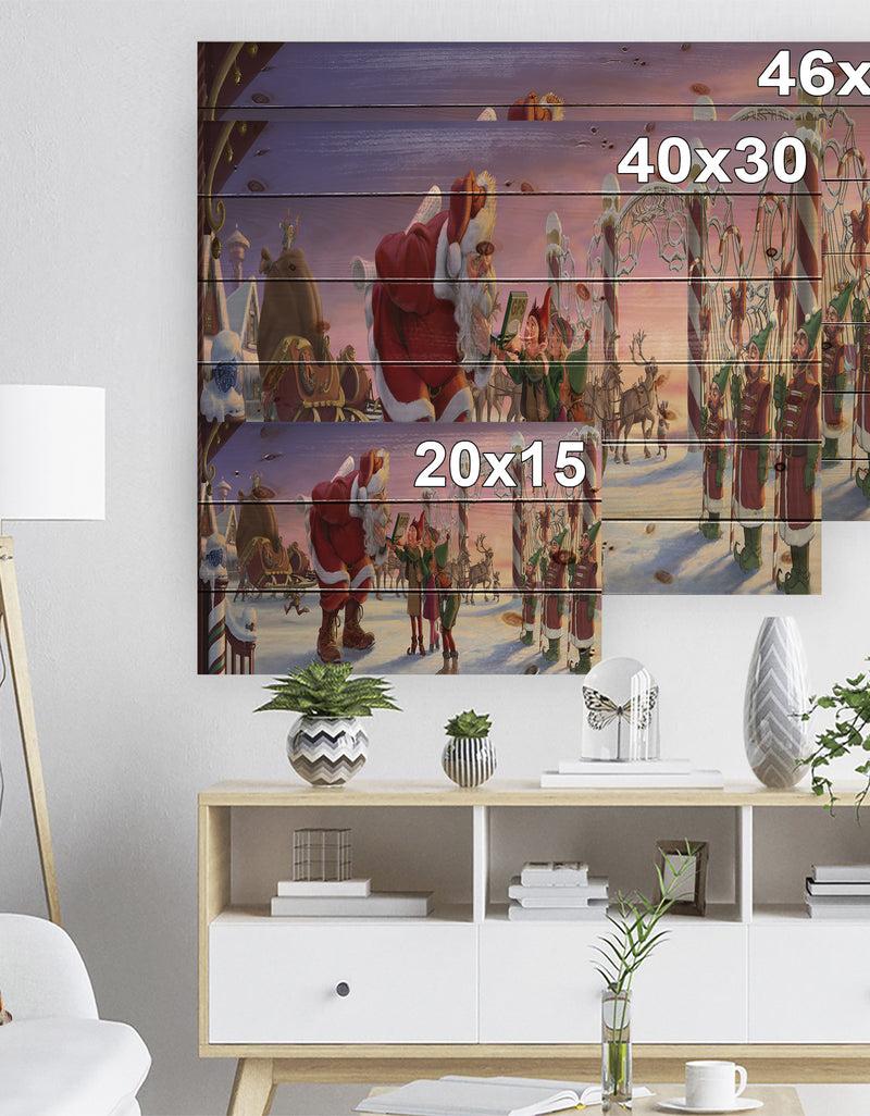 Designq Stanta Claus With Elves On North Pole - Print On Natural Pine Wood