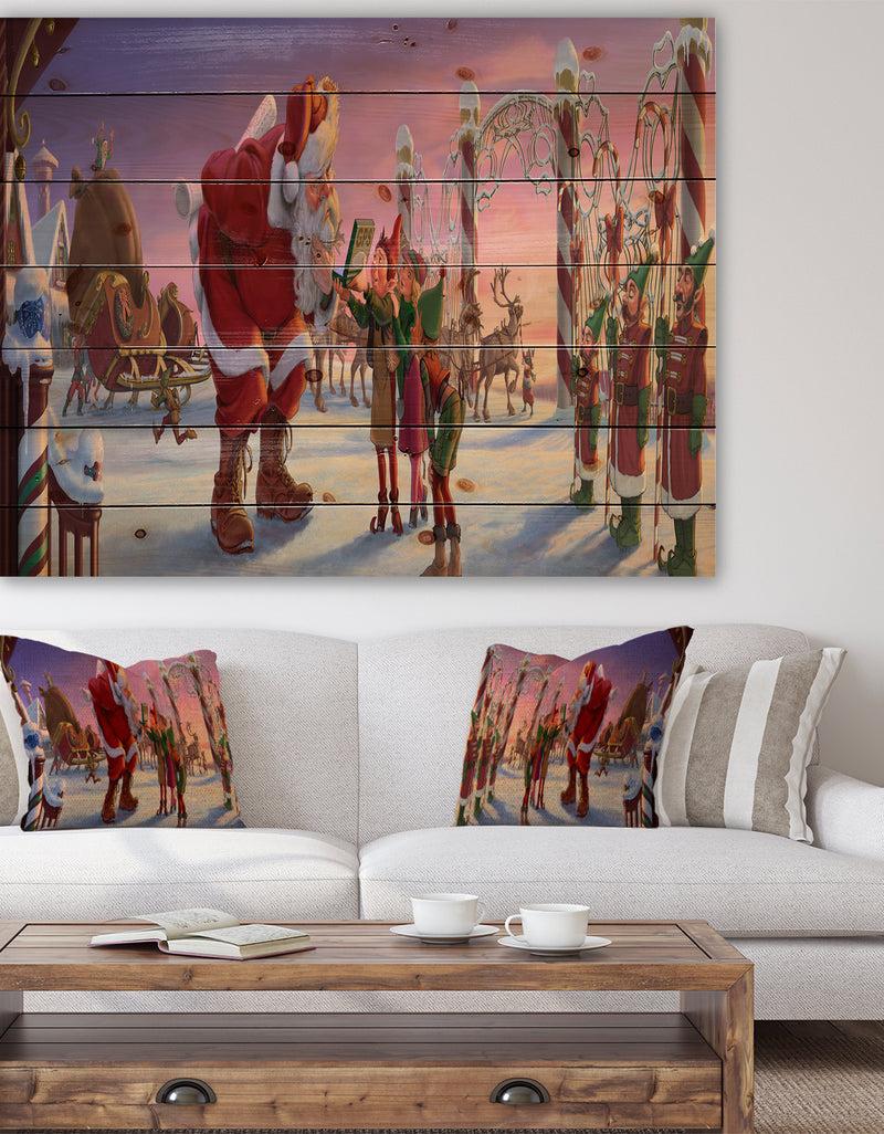 designq Stanta Claus with Elves on North Pole - Print on Natural Pine Wood
